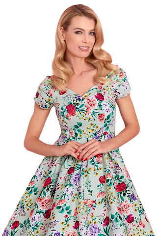 LILY FLORAL vihreäpohjainen off-shoulder kukkamekko