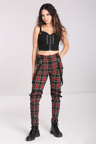 50262 HELL BUNNY RUDIE punamustat tartankuosiset housut remmitehostein