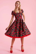 14355 DOLLY& DOTTY 1950s Off Shoulder Cherry Print Fit & Flare Dress