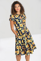 40308 HELL BUNNY SUNFLOWER 50-luvun tyylin mekko auringonkukkaprintillä, dark navy