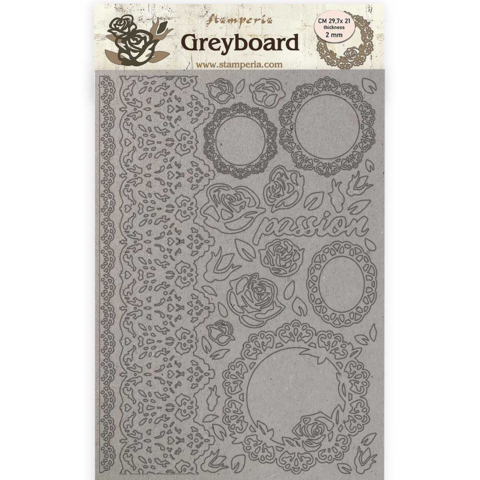 Stamperia Greyboard: Passion Lace & Roses A4 chipboard koristeet
