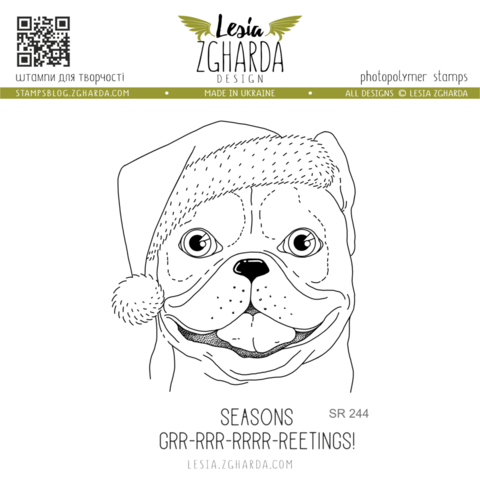 Lesia Zgharda Design: French Buldog with Santa hat - leimasinsetti