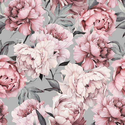 Watercolor peonies, vaaleanharmaa, trikoo