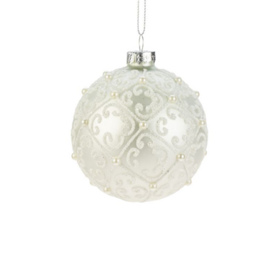 LASIPALLO, VALKOINEN ORNAMENTTI/HELMI 8 cm