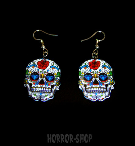Sugarskull korvikset, valkoinen, ruusulla