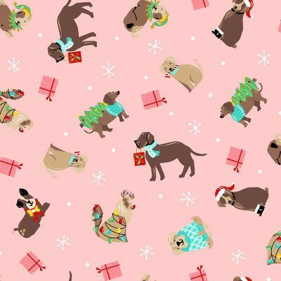 Vaaleanpunainen koirakuvioinen puuvillakangas Holiday Dogs Pink