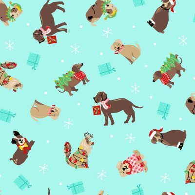 Turkoosi koirakuvioinen puuvillakangas Holiday Dogs Teal