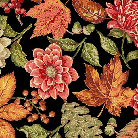 Mustapohjainen syksyinen isokuviollinen puuvillakangas Foliage 652 K