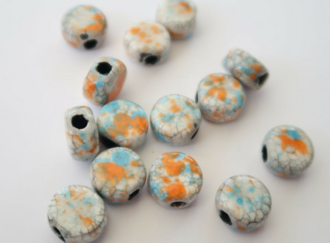 Keramiikkahelmi turkoosi/valkoinen/oranssi litteä 12 mm (10 kpl/pss)