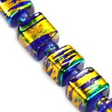 Lasihelmi pintavärjätty safiirinsininen-kulta kuutio 6 mm (20 kpl/pss)