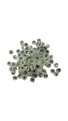 Aakkoshelmi / kirjainhelmi 7 mm, pimeässä hohtava läpikuultava mustavalkoinen 25g (n. 200kpl)