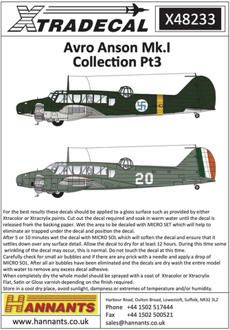 Avro Anson Mk.I Siirtokuvat (Tunnukset myös AN-102)  1/48