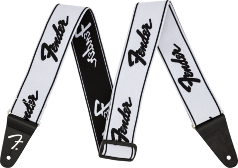 Fender WeighLess Running Logo Strap-kitarahihna valkoinen/musta (uusi)