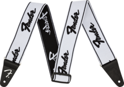 Fender WeighLess Running Logo Strap-kitarahihna valkoinen/musta (uusi)