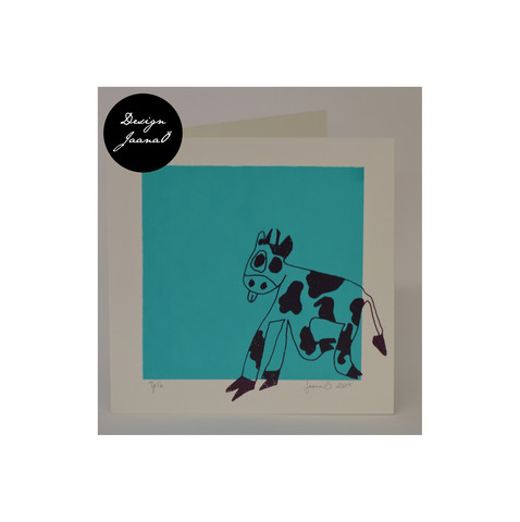 Lehmä - taitettu kortti - sinivihreä