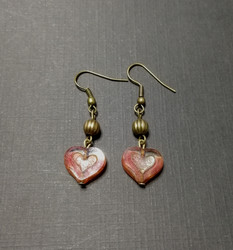 Red heart earrings with bronze beads