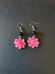 Pink lace flower earrings with black beads