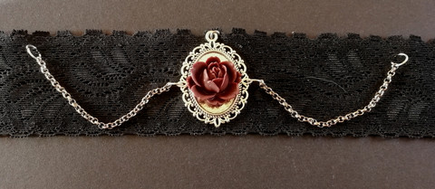 Black lace necklace with a wine red rose
