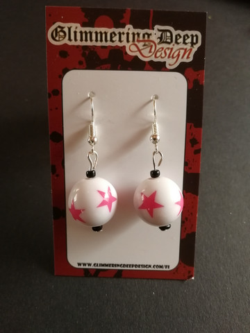 White Ball Earrings with pink star
