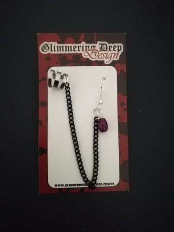 Link earrings with violet beads and Black chain