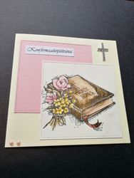 Vaaleanpunaisen sävyinen konfirmaatiokortti Holy bible