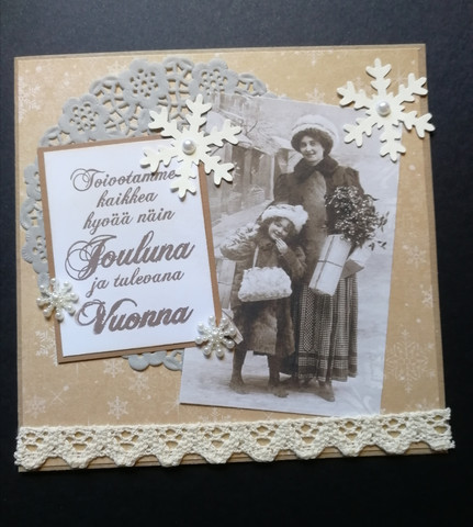 Vintage joulukortti äiti ja tytär