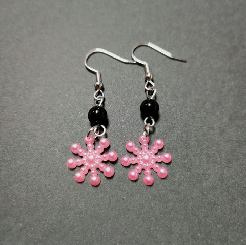 Pink snowflake earrings with black beads
