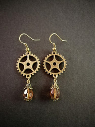 Steampunk gear earrings with brown drop