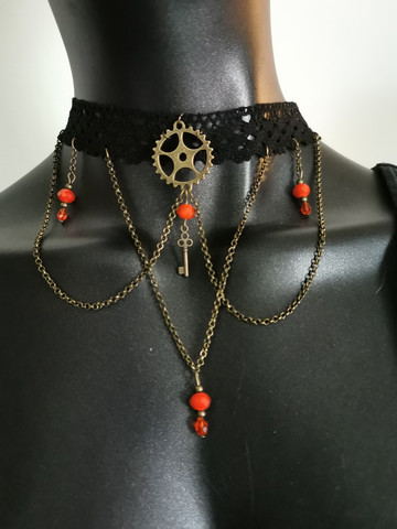 Lace necklace with gear and key