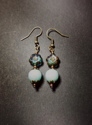 Blue flower earrings with mint stone beads