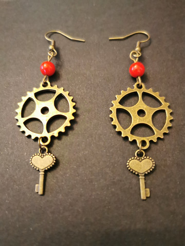 Gear earrings with keys and beads