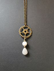 Steampunk gear necklace with stone bead droplet