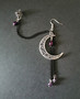 Black link earring crescent moon with violet droplets