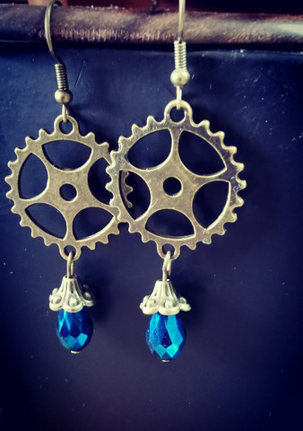 Gear earrings with blue drop