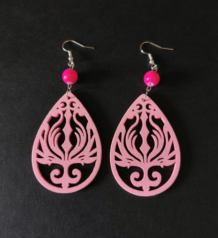 Big pink wood drop earrings with pink beads