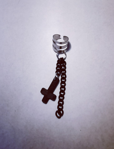 Cross earring with two black chain