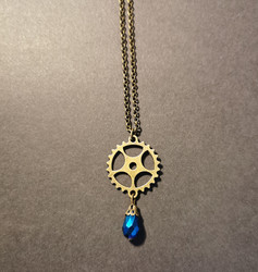 Gear necklace with blue drop