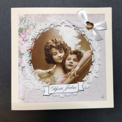 Joulukortti virkattu reuna vintage enkeleitä