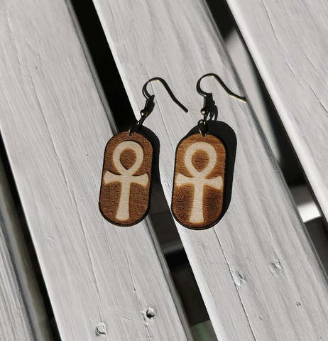 Wood earrings with ankh