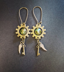 Gear earrings with keys and wings