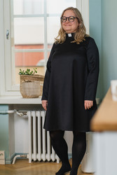 Black wool dress with tab collar