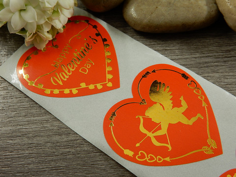 Happy Valentine´s day tarra, 38mm, punainen/kulta, 10kpl