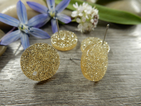 Korvakorutappi ympyrä reiällä glitter, 14x13mm, kulta, 1pari