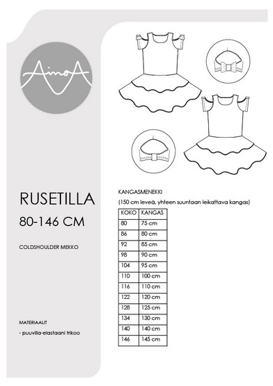 PDF-kaava, Rusetilla cold shoulder mekko, 80-146 cm