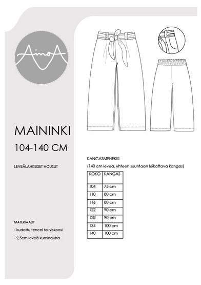 Paperikaava, Maininki, leveälahkeiset housut 104-140 cm