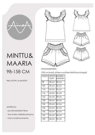 Paperikaava, Minttu&Maaria toppi ja shortsit 98-158 cm