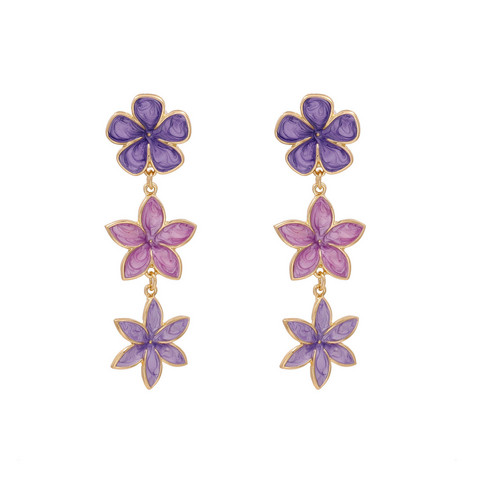 Kauniit Violettisävyiset Emaloidut Roikkuvat Kukkakorvakorut 3 Kukalla