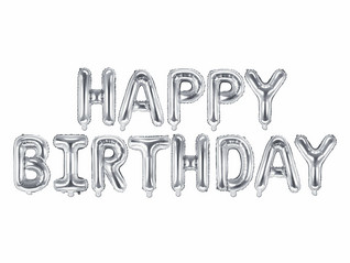 Hopeanväriset foliopallokirjaimet Happy Birthday