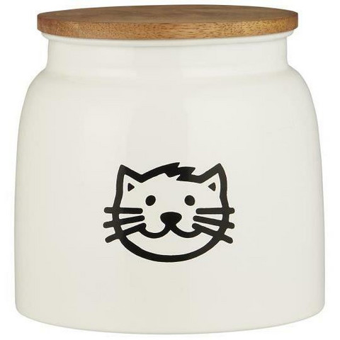 Canister for cat food white w/cat motif and wooden cover