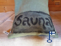 Sanna-Samuel-saunatyynyn päällinen Sauna-teksti Kelo n. 22x50 cm